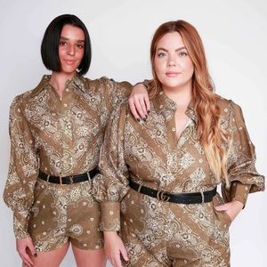 Olive bandana print button up and short set